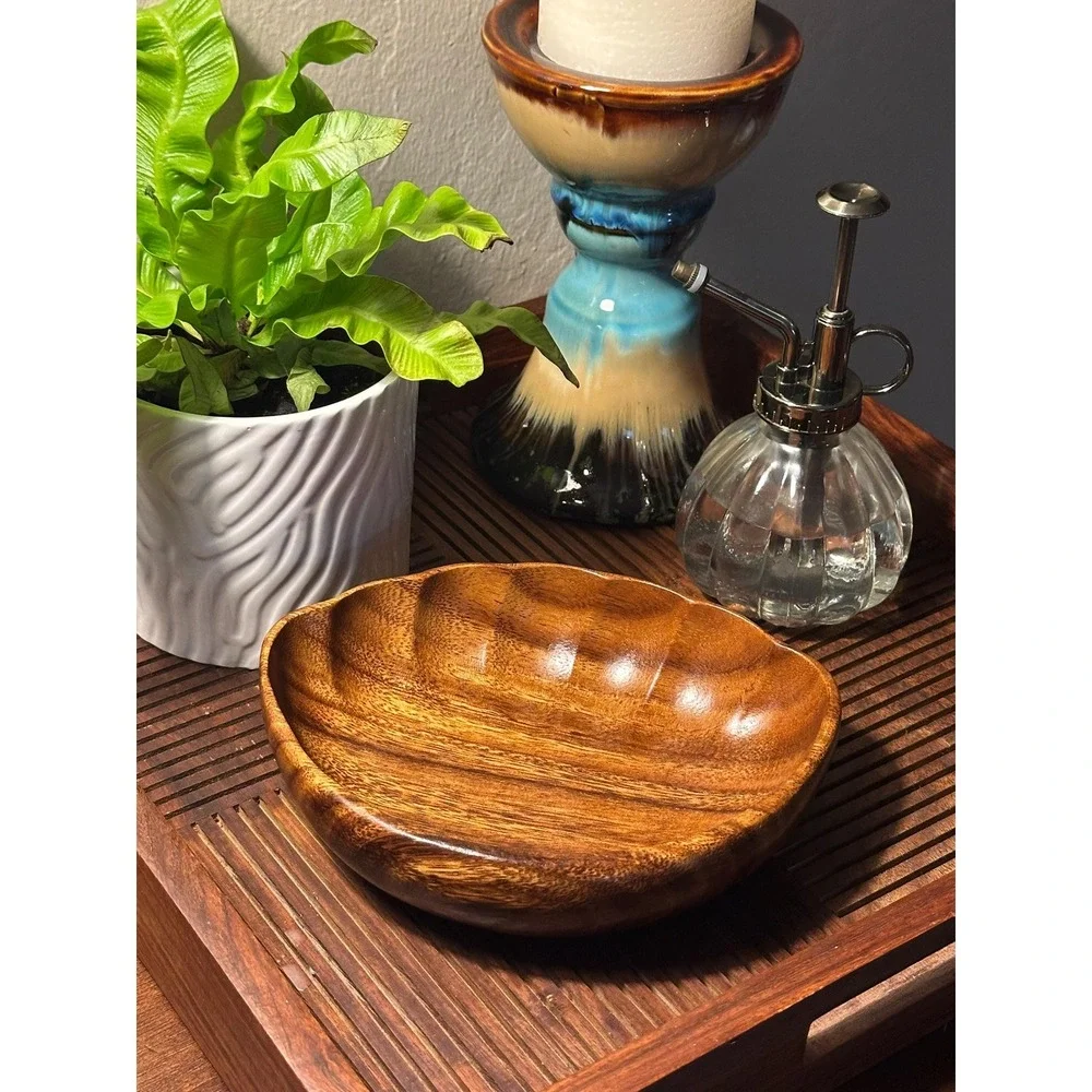 Vintage Hand Carved Wooden Bowl Scalloped Edge MCM Solid Wood